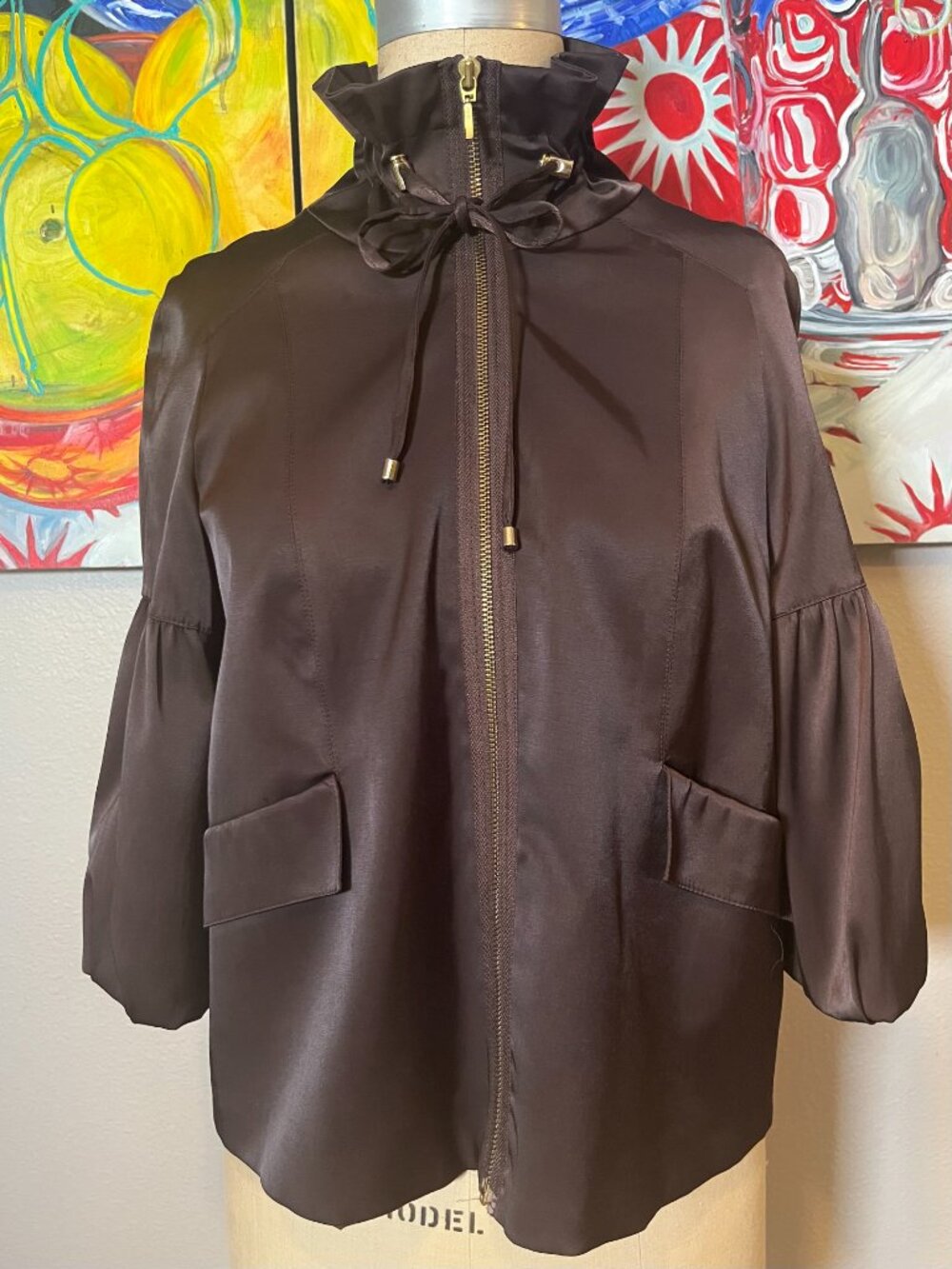 Cortefiel Brown Balloon Sleeve Zip Jacket Size M Spain